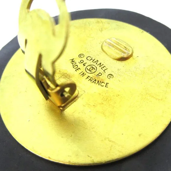 Chanel Button Earrings Clip-On Gold Black 94P 60169